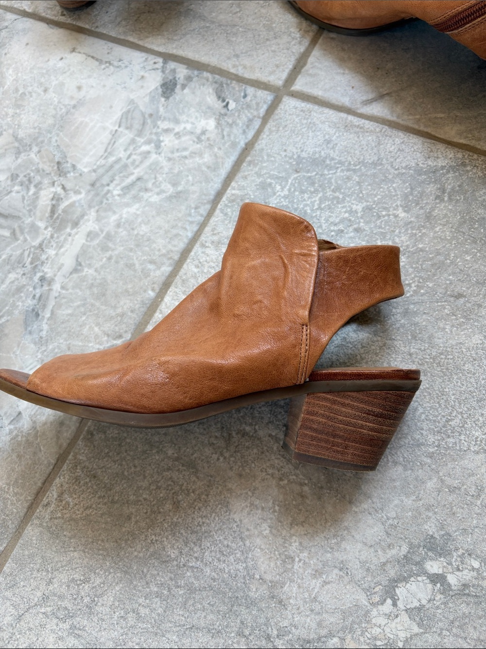 Lucky Brand Cognac Leather Open-Back Block Heel Ankle Boot